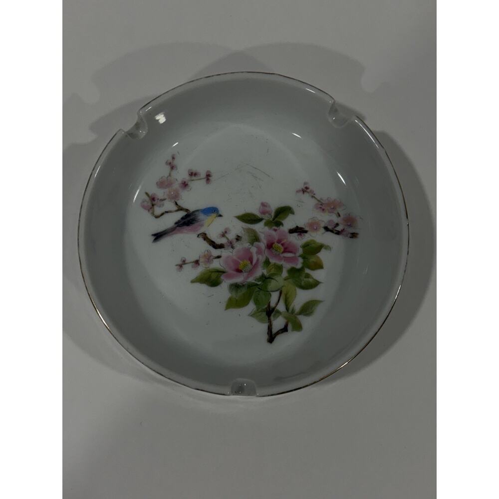 Vintage Ashtray With Bird Floral Cherry Blossom Gold Rim Trim